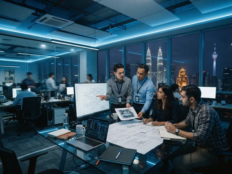 Wide environmental shot of a modern Kuala Lumpur corporate office with cool daylight and subtle blue ambient light, professional engineers discussing technical schematics, 35mm.