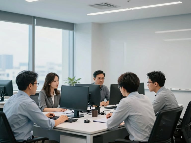 Medium shot of a professional Malaysian corporate office, clean architectural lines, cool daylight, focused technical team collaborating, 35mm