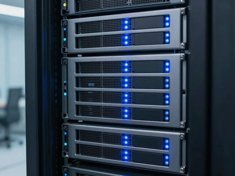 Close-up of secure server rack hardware with blue ambient indicator lights in a clean enterprise data center environment, 35mm