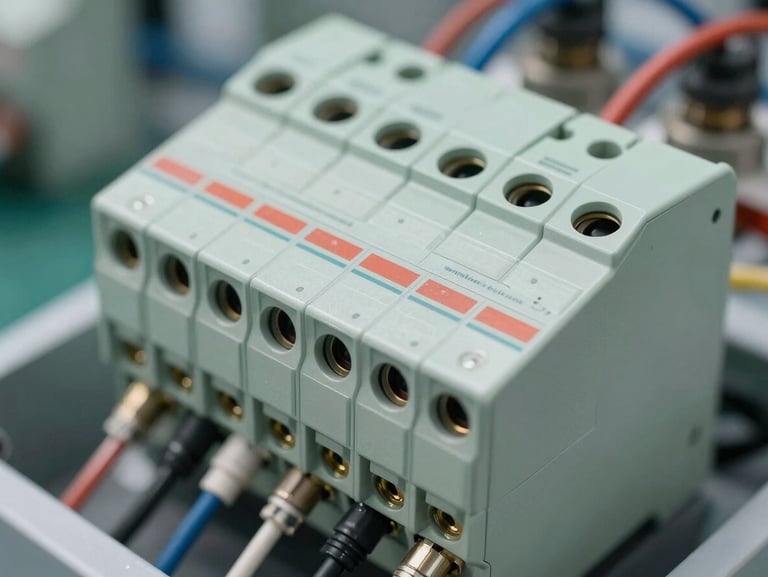 Detalhe macro de cabos elétricos industriais perfeitamente organizados e disjuntor de proteção geral em padrão de entrada homologado de subestação.