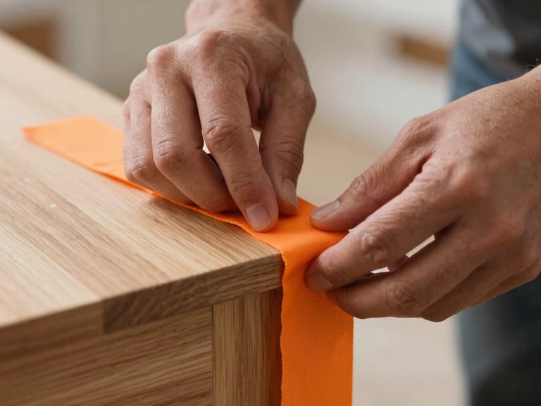 A close-up shot of hands applying heavy-duty orange edge protectors to a wooden furniture piece, tight macro crop, bright natural light.