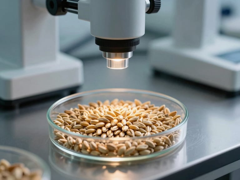 Close-up of agricultural quality control testing inside a modern industrial lab, raw wheat seeds in a petri dish, technical testing equipment, cold overhead lighting.