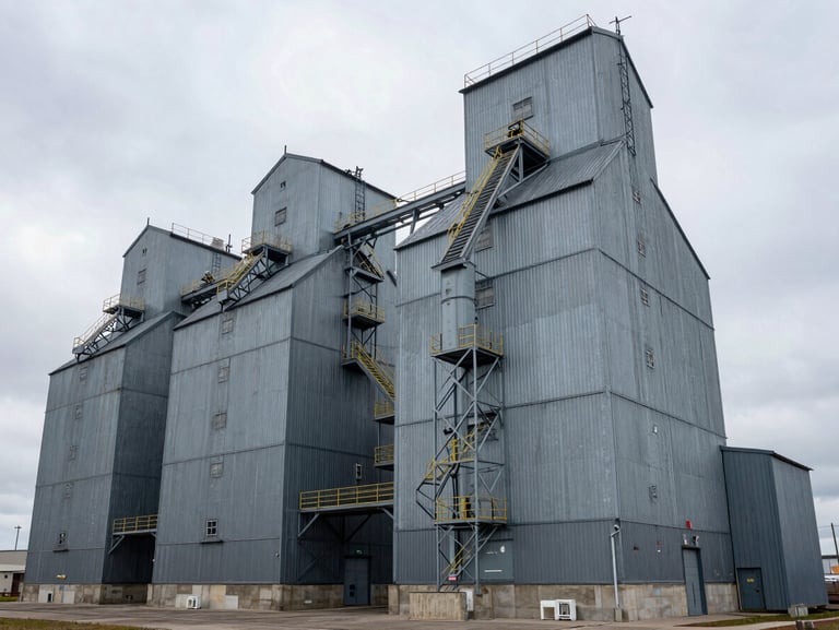 Wide environmental shot of massive grain elevators against a high-contrast overcast sky, heavy steel and concrete structures dominating the frame.