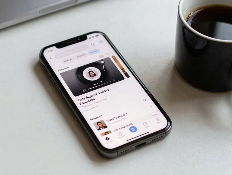 Vista superior de un teléfono inteligente mostrando la interfaz de reproducción de un podcast de finanzas, situado junto a una taza de café negro sobre un escritorio limpio.