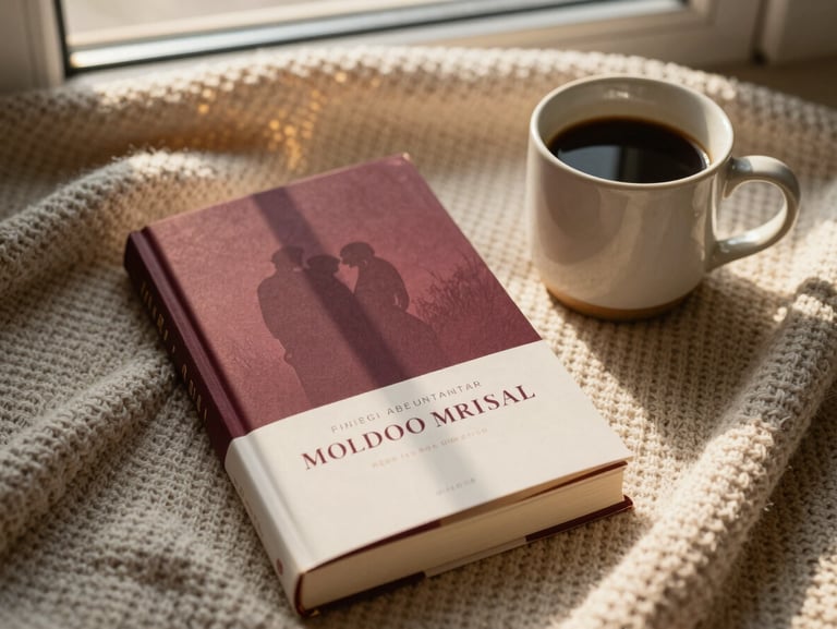 Styled flatlay of a romance novel next to a ceramic coffee mug on a warm neutral knit blanket, golden hour window light.