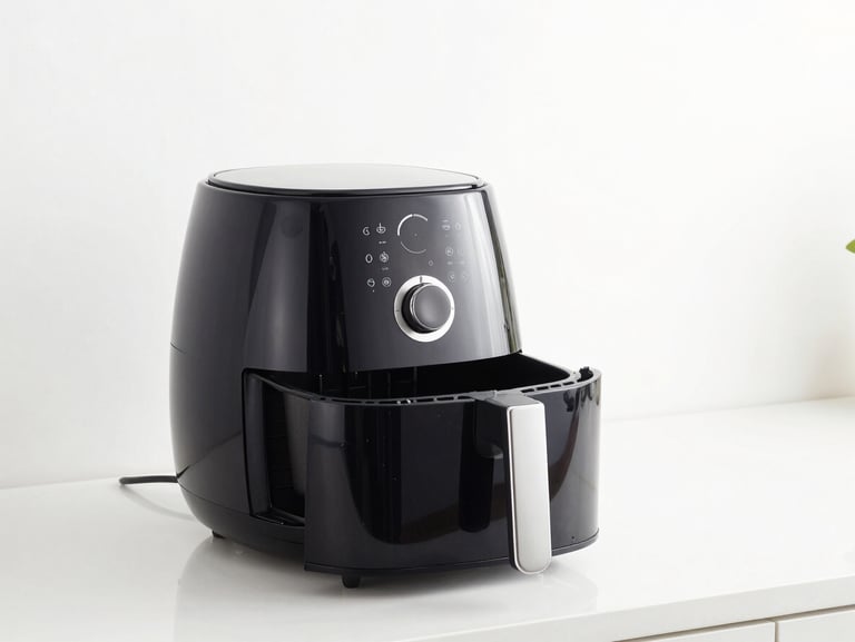 Sleek modern air fryer on a clean kitchen counter, bright studio lighting, white background