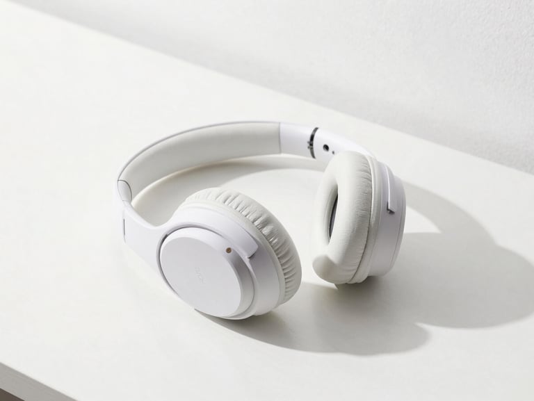 Modern wireless headphones resting on a minimalist desk, bright high-key lighting, soft shadows