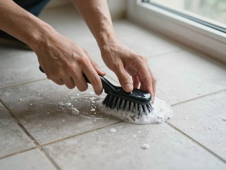 Overhead composition of hands scrubbing grout lines on tile floor with a stiff-bristle brush, natural daylight from a nearby window, soapy water catching the light, no people visible above the wrists