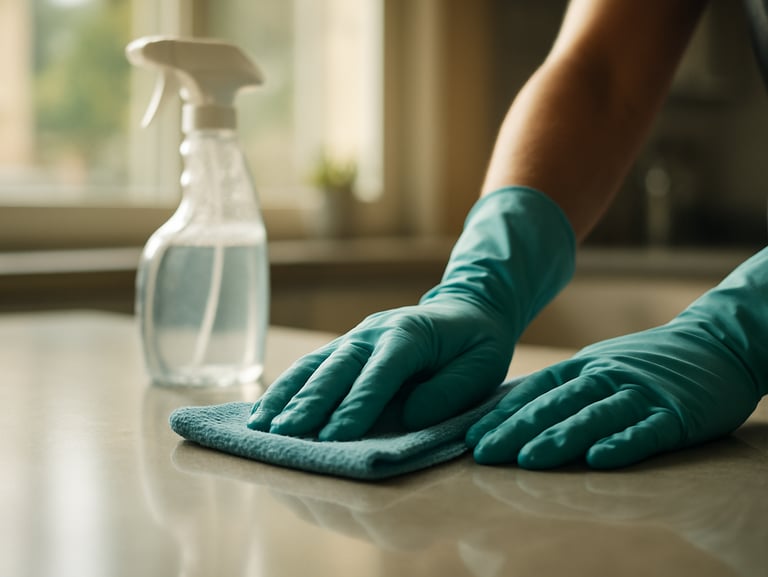 Close-up of gloved hands wiping down a kitchen countertop with a microfiber cloth under bright natural window light, surface gleaming, spray bottle visible to one side