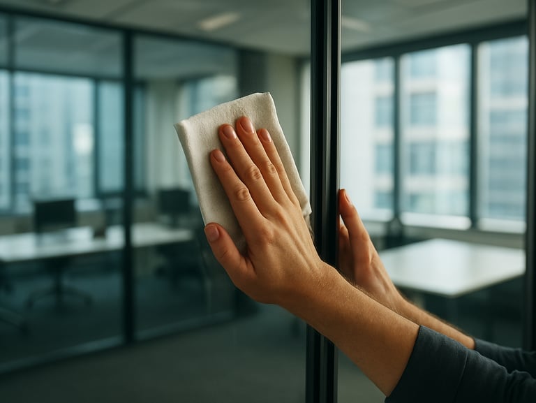 Hands polishing a glass conference room partition with a lint-free cloth, commercial office interior in background, cool natural light through large windows, clean desk surfaces visible through the glass