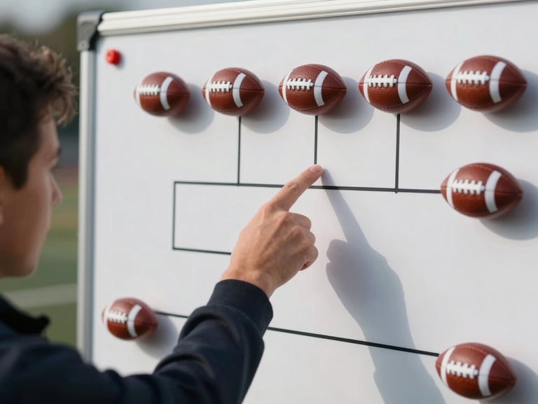 Close-up of a coach's hand pointing at a tactical board with magnetic football pieces, high contrast natural daylight, sharp focus on the strategy lines.