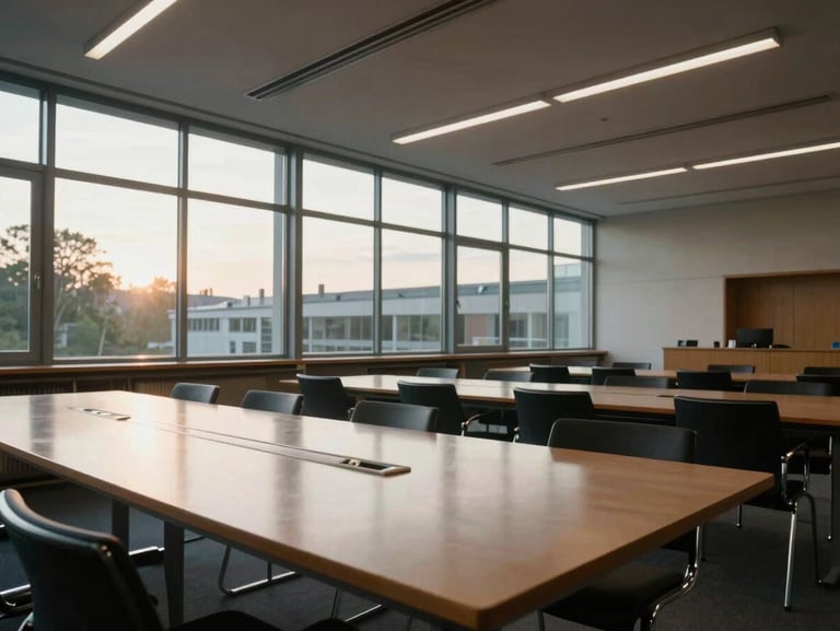 Wide shot of an empty institutional conference room in Luxembourg, late afternoon light filtering through floor-to-ceiling glass, long table reflecting ceiling, no occupants