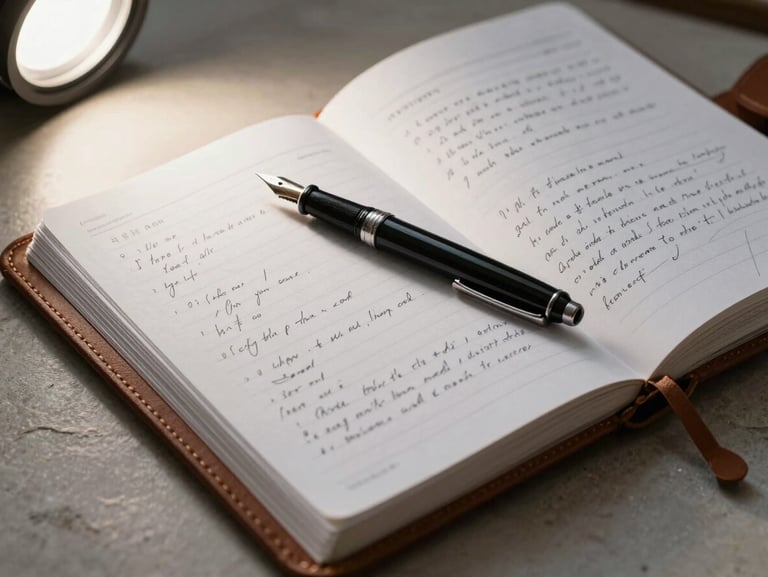 Overhead close-up of an open leather-bound portfolio on a pale stone desk, a fountain pen resting diagonally across a dense page of handwritten notes, cool studio light from the upper left, no hands visible, documents sharp and textured