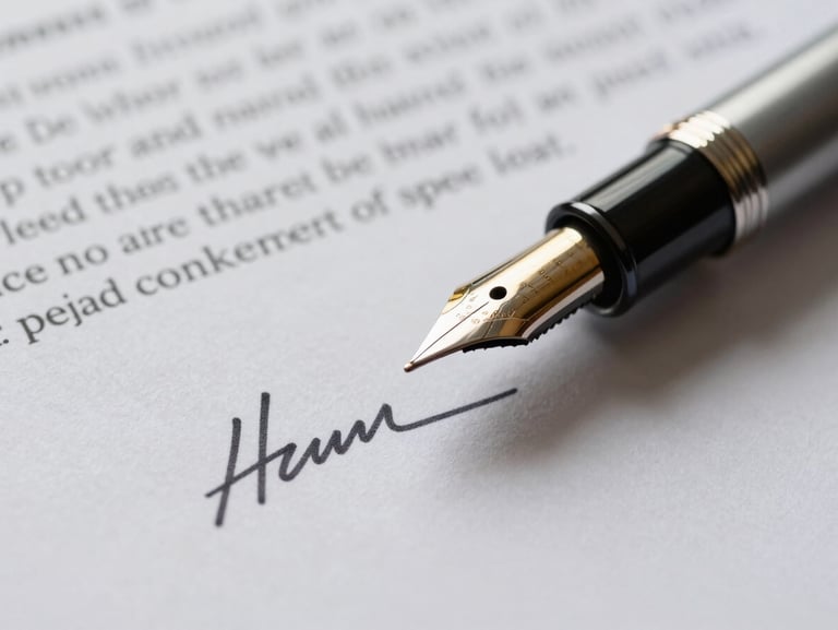 Extreme close-up of a fountain pen resting on a signed investment document, cool overhead studio light, document text deliberately out of focus, ink still wet on signature line