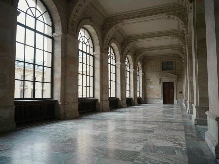 Interior of a grand Luxembourg institutional building, empty corridor with tall arched windows casting cool north light on marble floors, shot from a low angle emphasising architectural depth