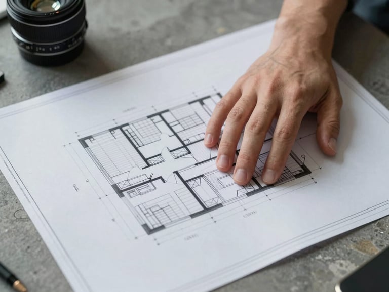 Close-up overhead shot of a hand resting on a building blueprint spread across a stone desk, cool studio light, architectural pencil notations visible at the margins