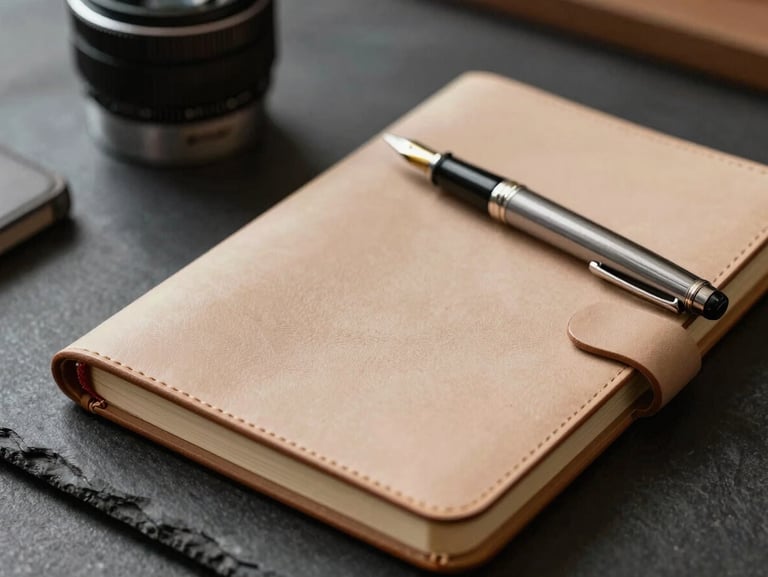 Close-up of a high-quality leather notebook and a metallic fountain pen resting on a dark slate table. Soft, directional natural light highlighting the texture of the paper.