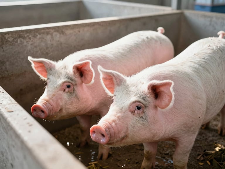 Bright close-up of healthy, active pigs in a clean, well-ventilated concrete pen with fresh water feeds, natural morning light.