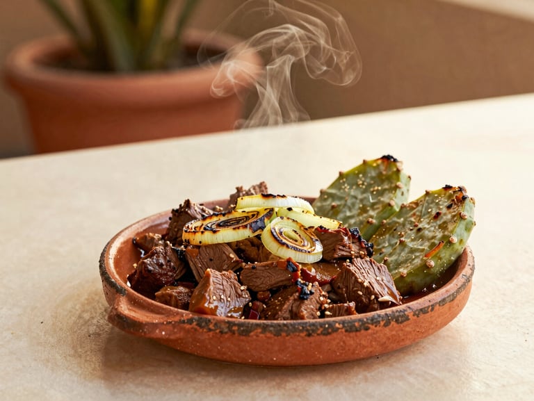A beautifully plated Mexican beef dish, Bisteck Sendero, with charred spring onions and tender cactus paddles on a rustic clay plate, warm steam rising, soft golden hour lighting, 35mm