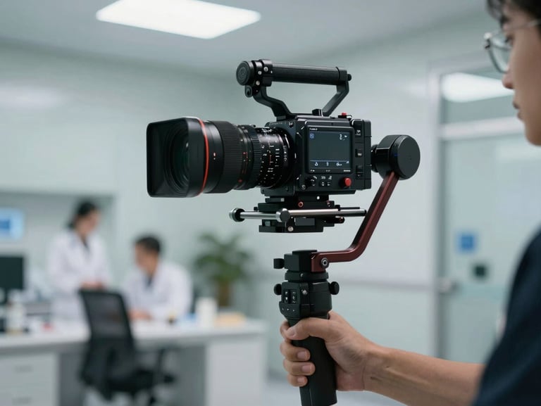 Behind-the-scenes of a professional video shoot in a modern medical office, high-end camera rig on a stabilizer, cool crisp lighting, soft background