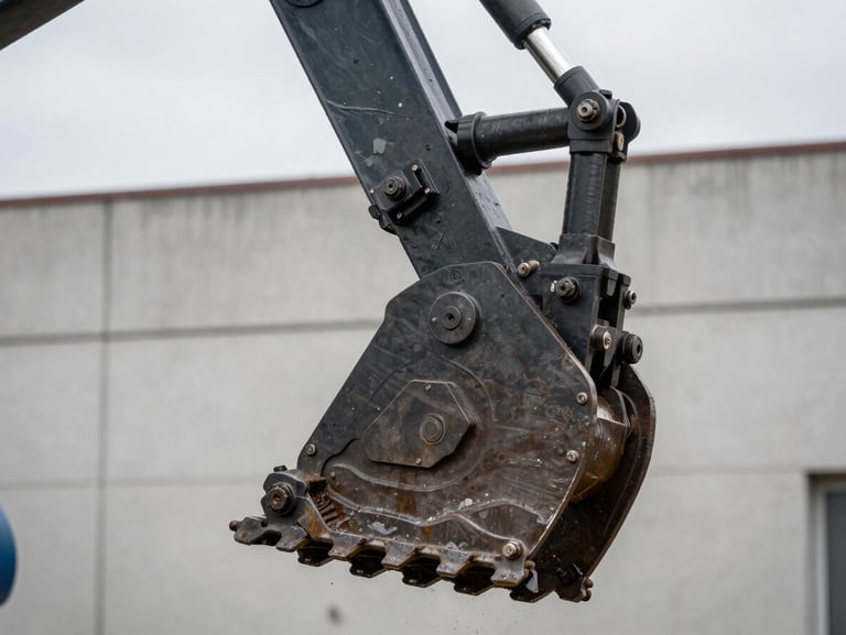 Close detail shot of heavy machinery hydraulic arm and bucket teeth, overcast diffused daylight revealing surface wear and grease fittings, frame tight on the mechanical joint showing scale and working condition, dark steel tones against a pale concrete background
