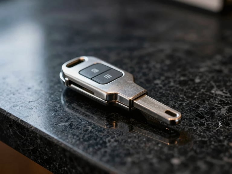 Close-up of a pristine metallic vehicle key resting on a polished black marble counter, sharp reflections, low-key dramatic studio lighting.