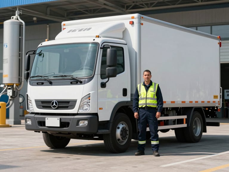 Medium shot of a spotless, modern industrial delivery truck parked at a filling plant, professional local operator in clean uniform with reflective tape standing beside it, high-contrast daylight, crisp shadows.
