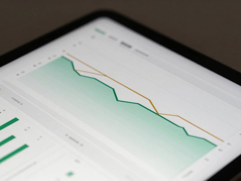 Macro tight shot of a clean, modern digital investment dashboard on a tablet screen, soft diffused architectural light, focused on green and gold charts, minimalist aesthetic.
