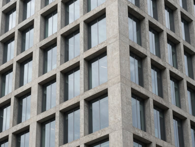 Minimalist architectural detail of a modern concrete high-rise facade with glass panels reflecting soft overcast daylight, clean geometric lines.