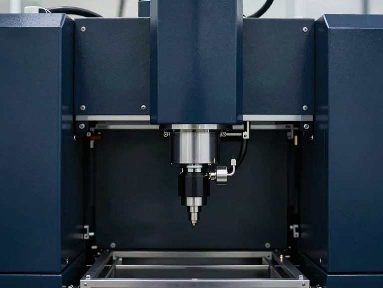Close-up of precise automated industrial machinery in a clean facility, sharp focus, technical atmosphere, deep navy tones