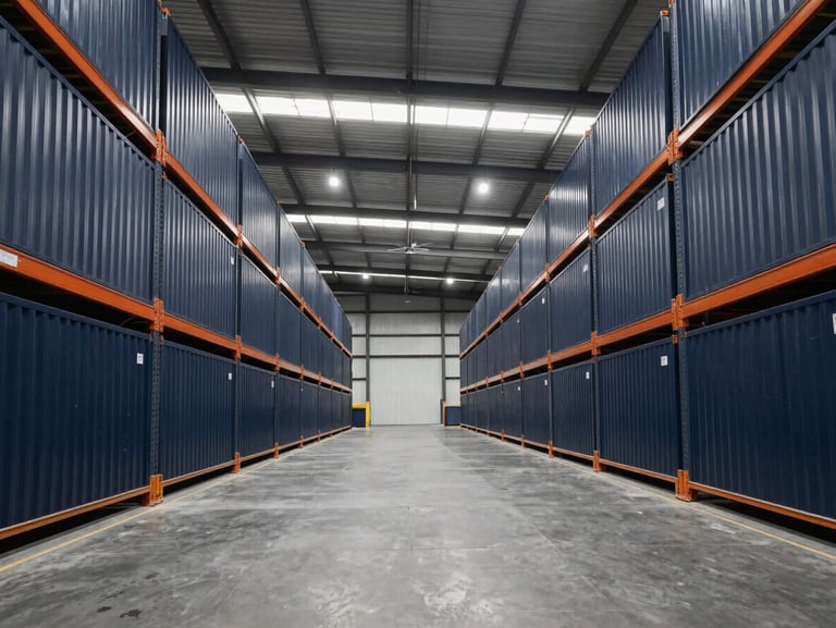 Symmetrical wide angle shot of a modern clean logistics warehouse interior, architectural lighting, sharp focus, premium slate tones