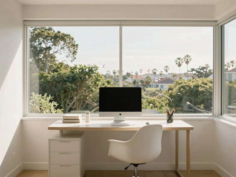 Minimalist home office with large windows overlooking green foliage, immaculate desk setup, soft afternoon sun