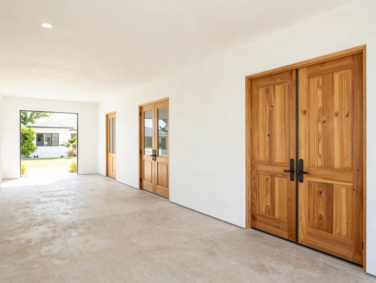 Spacious Southern California home corridor with high ceilings, clean lines, and natural wood doors, bright airy atmosphere