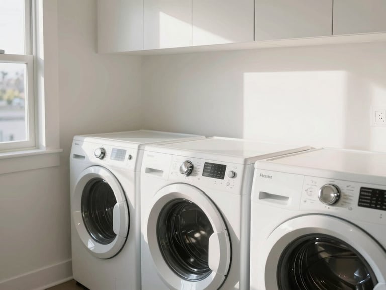 Bright modern residential laundry room with clean white appliances and polished chrome fixtures, soft morning light, architectural detail