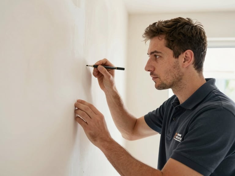 Close-up of a clean-cut technician in a branded polo shirt meticulously inspecting a pristine drywall finish, warm daylight, 35mm