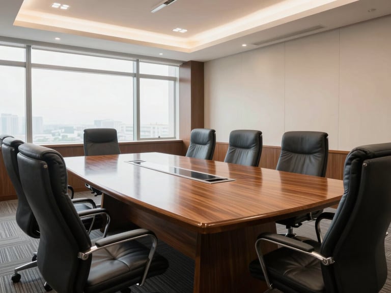 Wide-angle environmental shot of an executive conference room in Hyderabad, featuring high-back leather ergonomic chairs around a polished teak wood table, bright morning light.