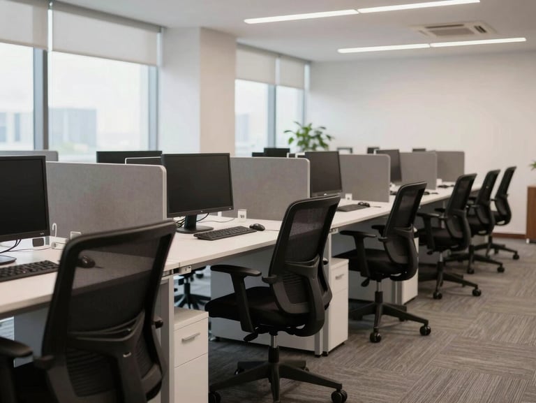Bright, clean shot of a modern IT office floor in HITEC City, Hyderabad, showing rows of linear workstations paired with black mesh ergonomic task chairs, natural daylight.