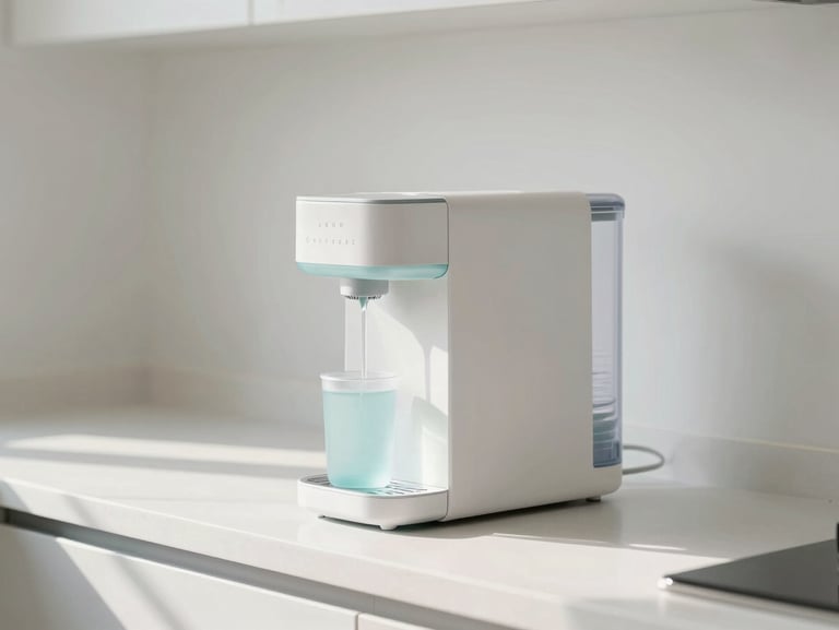A minimalist kitchen counter with a sleek water ionizer machine, soft morning sunlight reflecting off clean surfaces, peaceful atmosphere