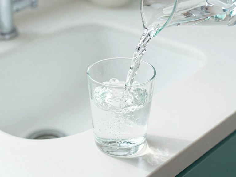 A stream of pristine, crystal-clear water pouring into an elegant glass on a minimalist white countertop, bright daylight, soft aqua accents, shallow depth of field
