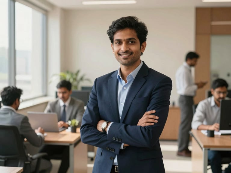Clean professional office in Bengaluru, soft window shadows, approachable professionals working in background, warm tones, 35mm lens