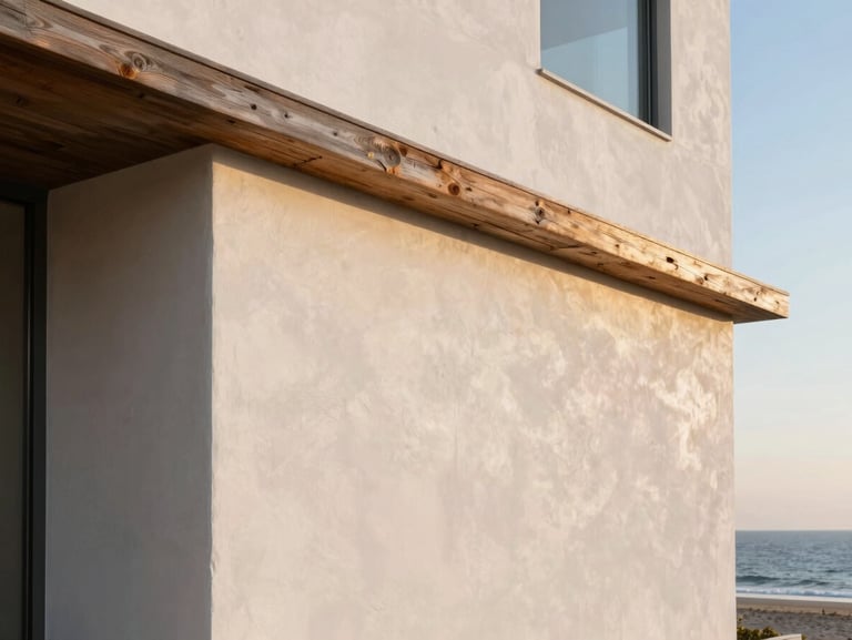 Exterior architectural detail: clean lines of a modern coastal building, warm white plaster wall catching soft morning light. Weathered wood trim visible. Partial view of a window with ocean light beyond. Shot emphasizes materials and calm proportion.