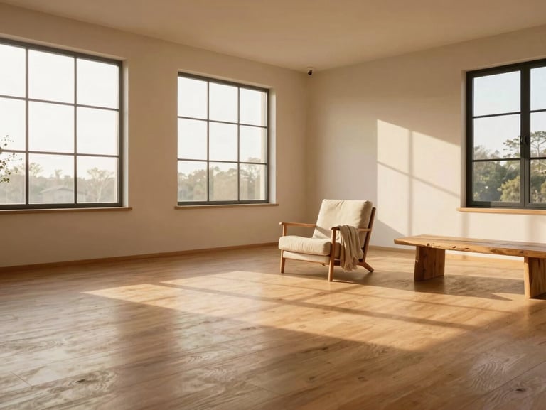 Wide panoramic view of a serene coliving common area flooded with soft golden-hour light from large windows. A single comfortable linen lounge chair sits in the middle distance, unoccupied, with a soft throw draped over one arm. Warm wooden flooring, pale plaster walls, and a low natural wood table to the side. Soft diffused light creates long gentle shadows. The room feels calm and intentionally designed, with generous negative space and zero visual clutter.