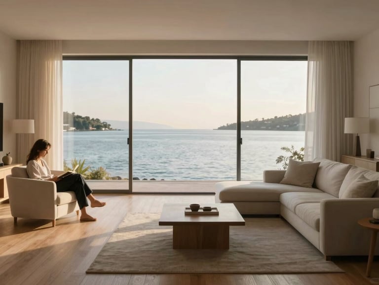 Wide panoramic view of a serene shared living room with large windows overlooking calm coastal bay, soft natural light pouring in from the right, minimal furnishings in warm whites and soft grays, single person reading in an armchair at the far left edge, wooden flooring, textures of linen and natural materials, atmospheric and uncluttered, golden-hour coastal light