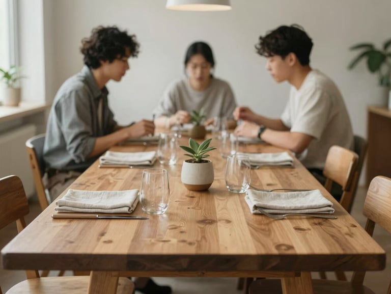 Shared dining area with soft natural light, long wooden table set for casual gathering, linen napkins, warm minimal decor. One or two people at the far end in soft focus. Emphasis on calm, intentional design.