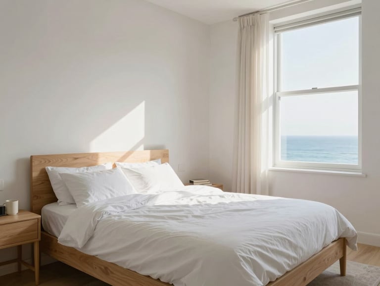 Bright, airy bedroom in a coliving suite. Natural light from a large window illuminates soft white bedding and light wood furniture. Minimal decor. A coastal view visible through the window. Shot from corner to emphasize spaciousness.