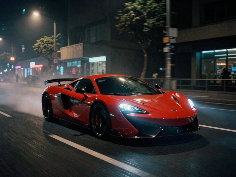 Cinematic anamorphic shot of a luxury sports car driving through a misty neon-lit city street at night, high contrast, rich moody tones, 35mm film grain