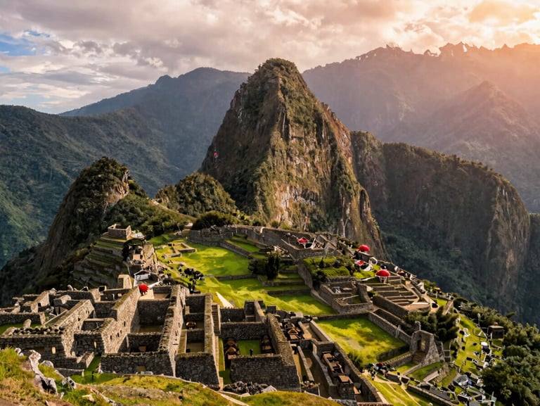 Machu Picchu ruins under a dramatic morning sky, lush green mountains, wide-angle cinematic travel photo.