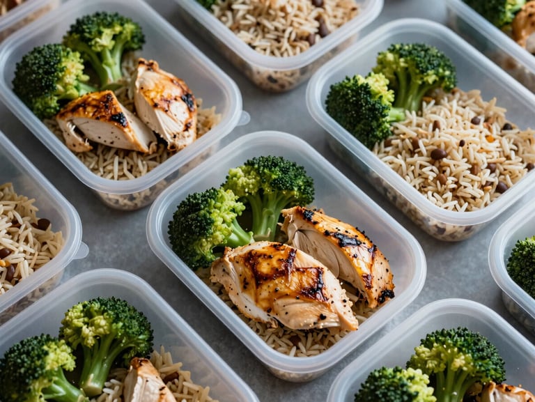 Overhead shot of structured meal-prep containers with clean, high-protein foods like grilled chicken, broccoli, and brown rice, sharp lighting, cool tones.