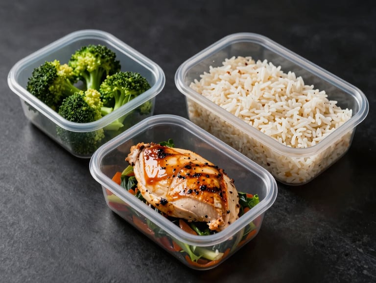 Overhead shot of clean meal-prep containers with high-protein foods, grilled chicken, broccoli, and rice, high-contrast studio lighting