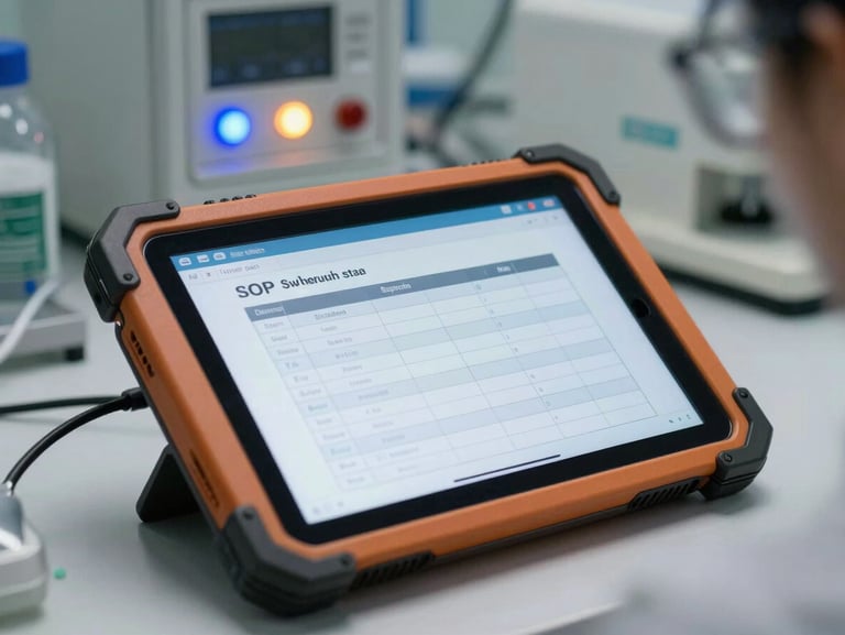 Close-up of a ruggedized industrial tablet displaying technical SOP checklists inside a sterile biotech cleanroom logistics facility, ambient blue and amber indicator lights